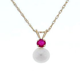 Saltwater White Pearl Ruby 10K Gold Pendant Necklacesaltwater 