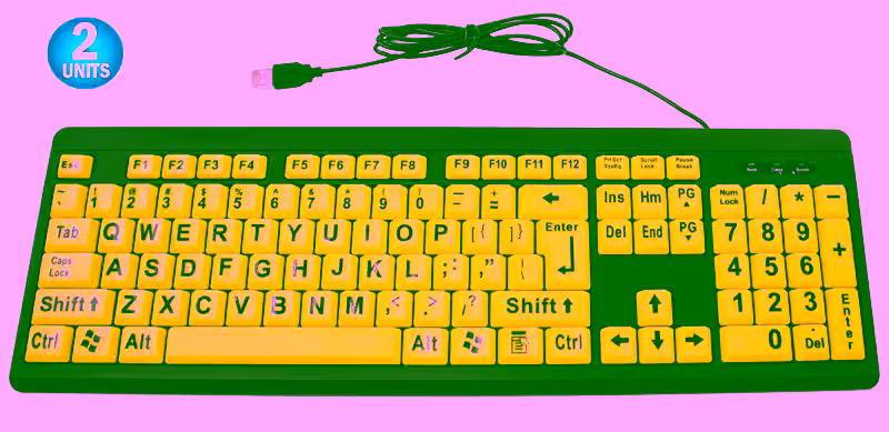 2 Big & Bright Easy See Keyboard - USB Wired - High Contrast Yellow With Black Oversized Letters - Low Vision Visually Impaired Keyboard For Seniors or Bad Visions.
