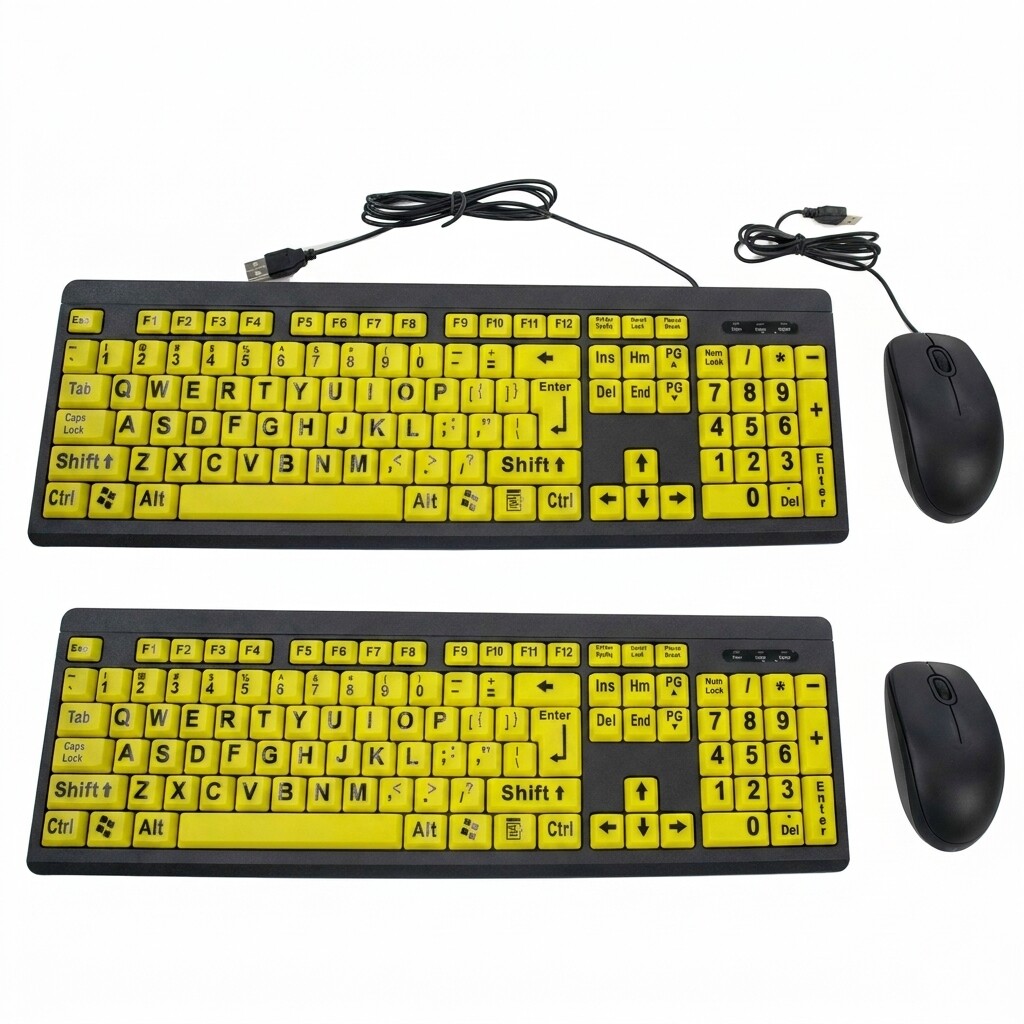 2 Big & Bright Easy See Keyboard - USB Wired - High Contrast Yellow With Black Oversized Letters - Low Vision Visually Impaired Keyboard For Seniors or Bad Visions. - Add 2 USB Mouse + $6.95 - 2040682-3208522