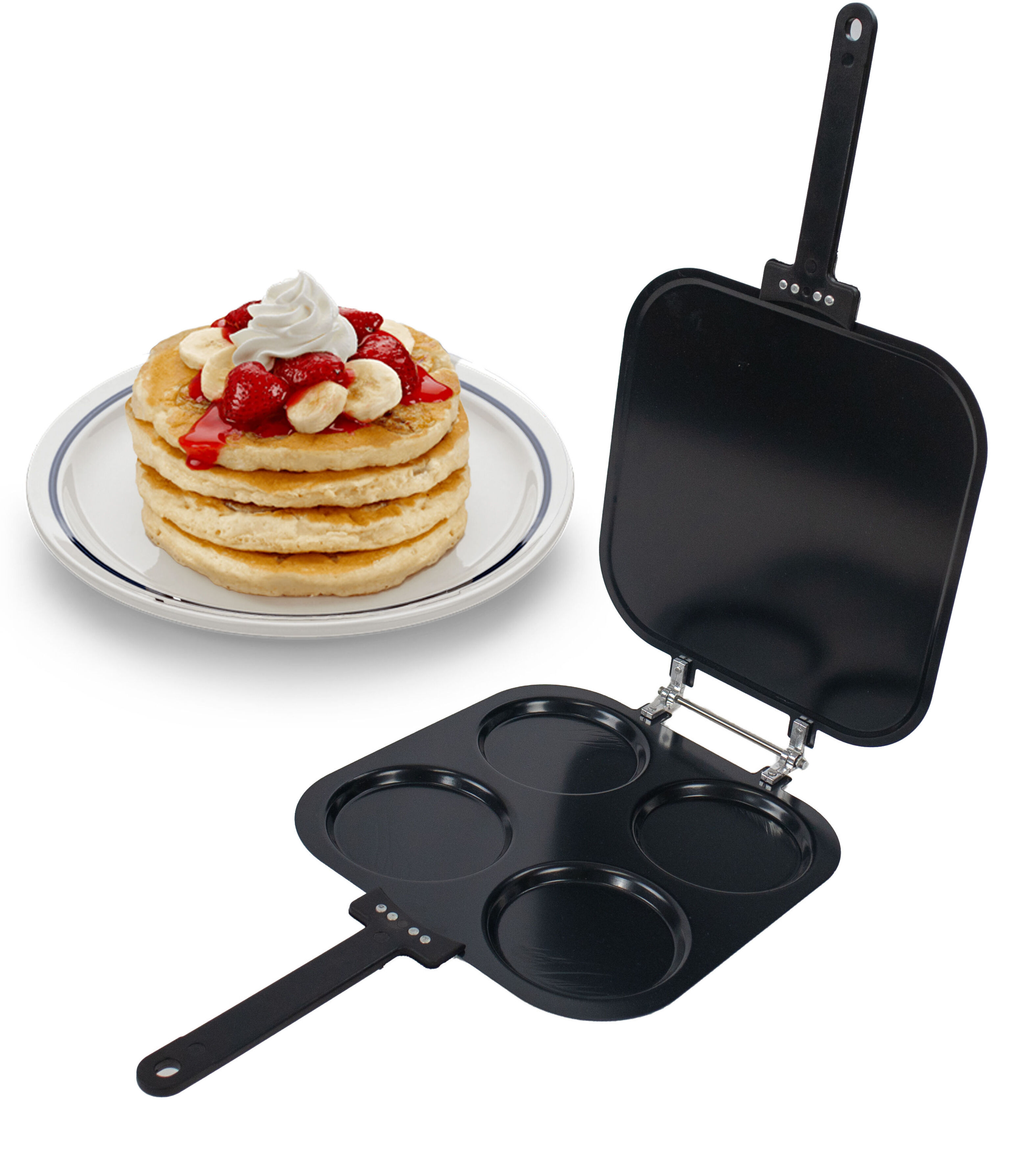 Nonstick Pancake Pan w/ Flip Pancake Maker and Stovetop Griddle – Evenly Cook 4 Pancakes Fast with Locking Clip, Heat-Resistant Handles – Perfect for Eggs, Mini Omelets & Breakfast