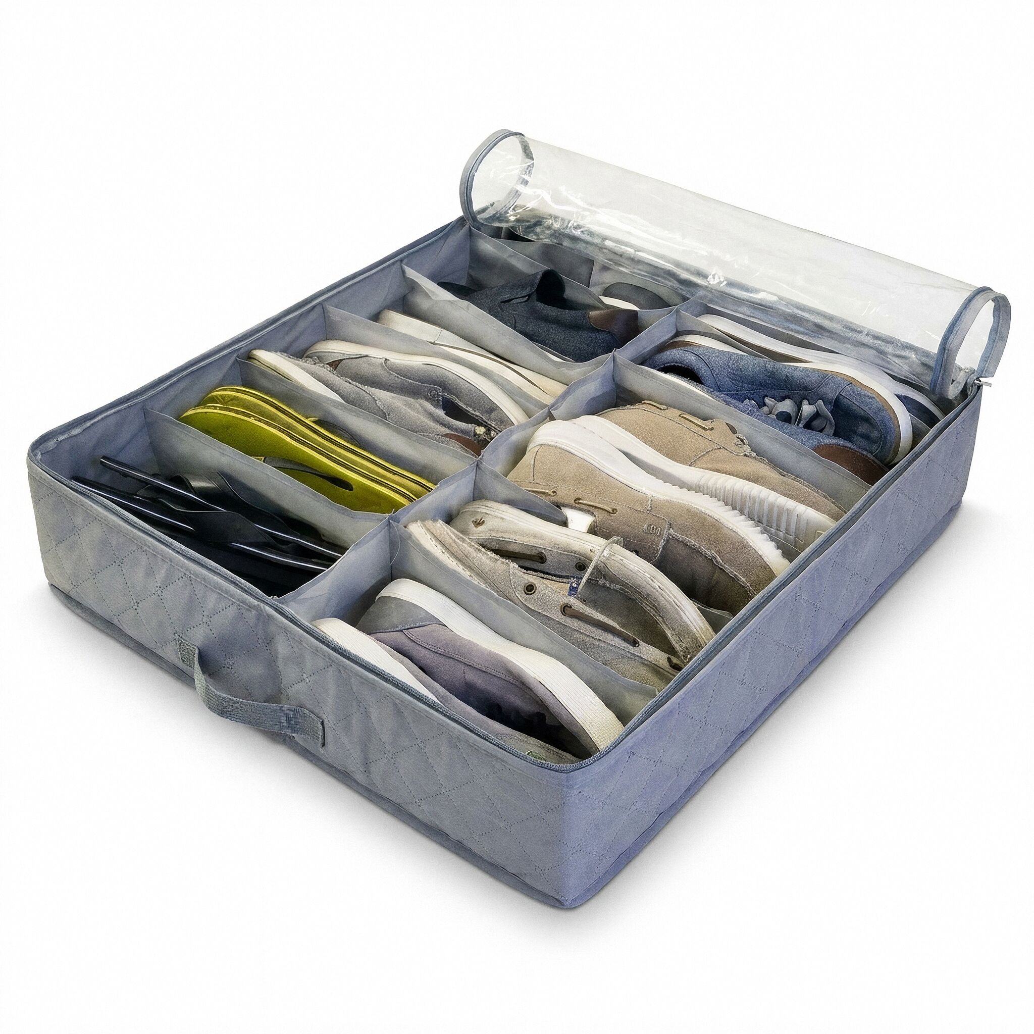 Under Bed Shoe Storage Organizer Chest Box - Underbed Zippered Shoe Holder Trunk Container W/ Clear Transparent Cover - Space Saving for Bedroom, Closet, Car Trunk and Small Spaces - 14 Pocket Grey