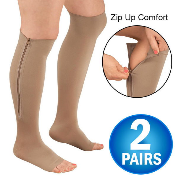 Zipper Pressure Compression Support Socks  - Open Toe - Knee High - 20-30mmHg - 2 Pairs