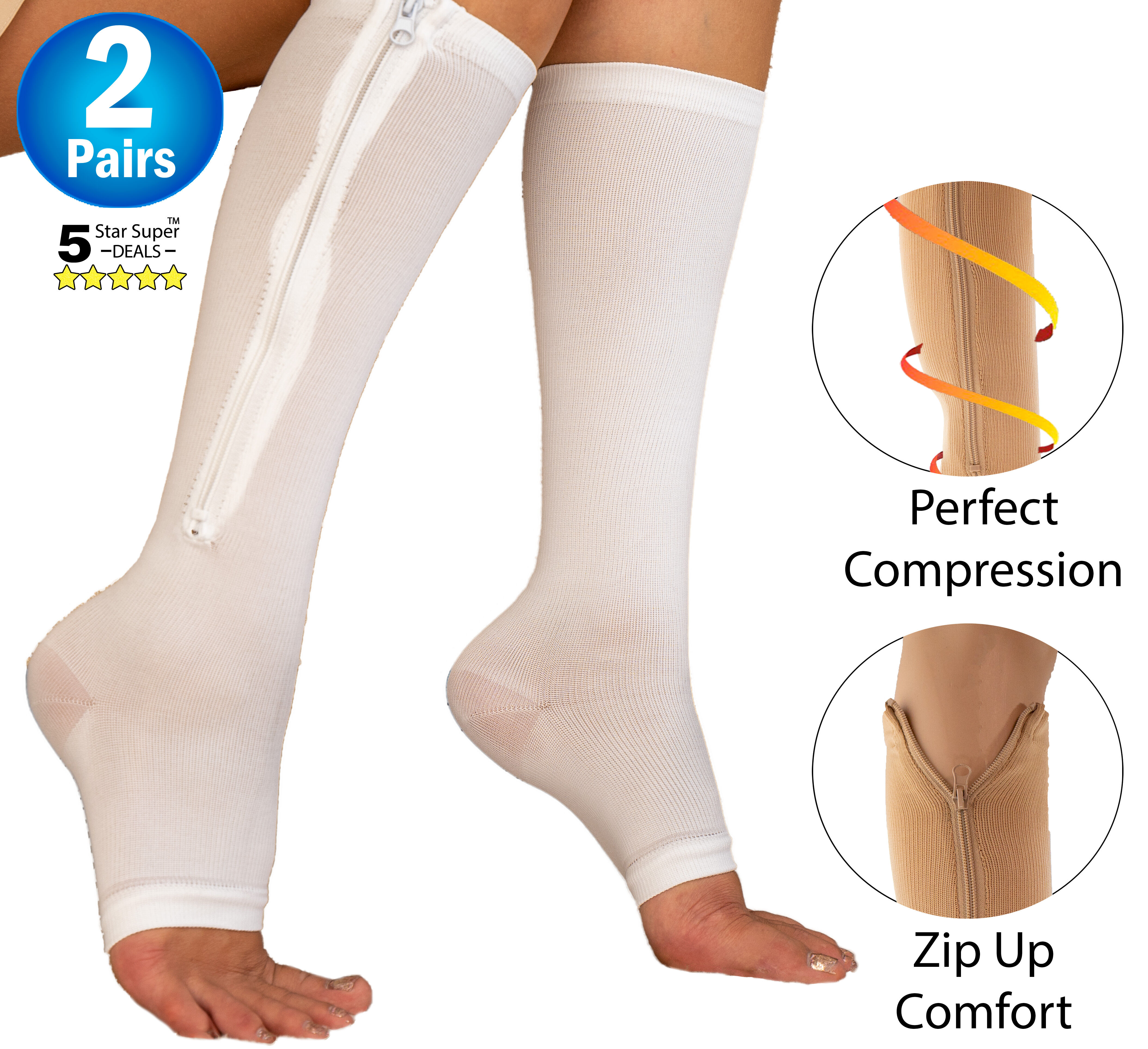 Zipper Pressure Compression Support Socks  - Open Toe - Knee High - 20-30mmHg - 2 Pairs - White Large