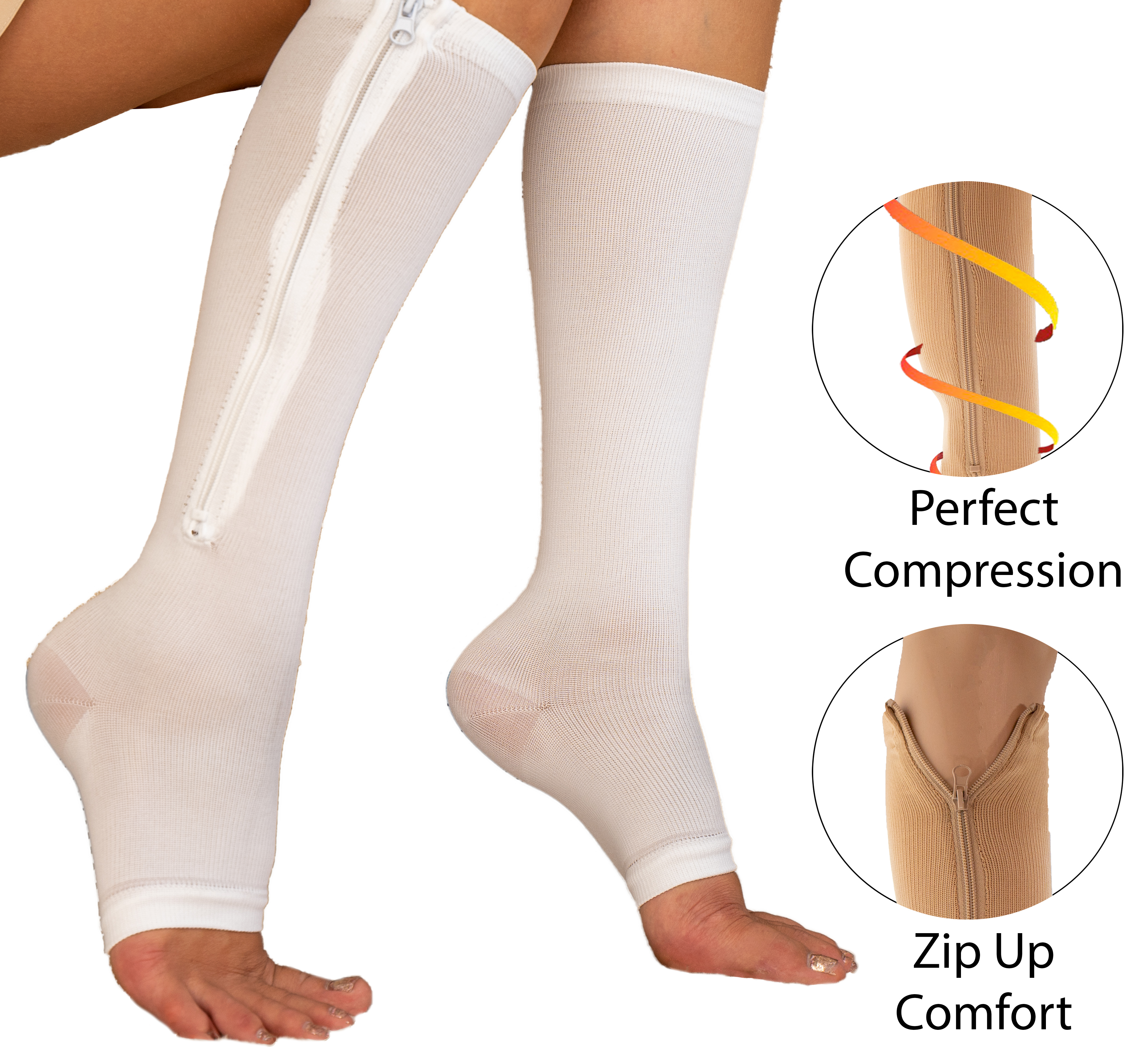 Zipper Pressure Compression Socks Open Toe Knee High Support Stockings - Soft, Breathable Easy On Off Compression Socks Helps Leg Circulation - White X-Large
