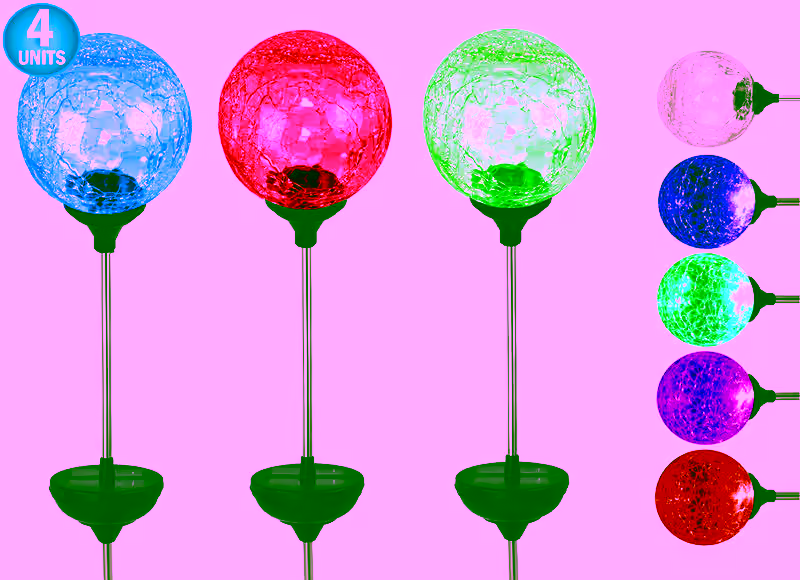 4 Pc - Solar LED Color Changing Crackle Glass Globes - Garden Landscaping Decorative LED Standing Globes