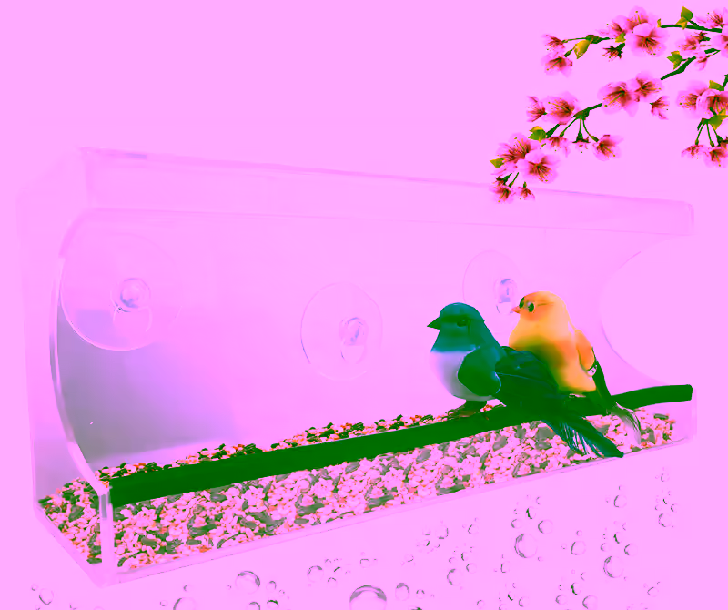 Large Window Suction Cup Bird Feeder - Clear, Removable Tray & Drain Holes