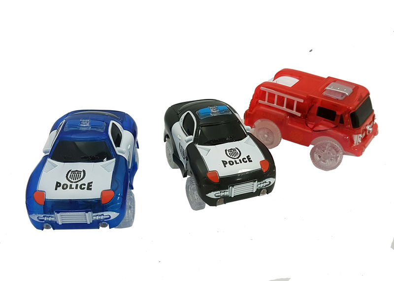 3pc Magic Emergency Vehicles - 2 Police Pursuit Race Cars & Fire Truck w/ 5 LEDS - Vehicles For Twister Flexible Glow In the Dark Race Car Track Sets
