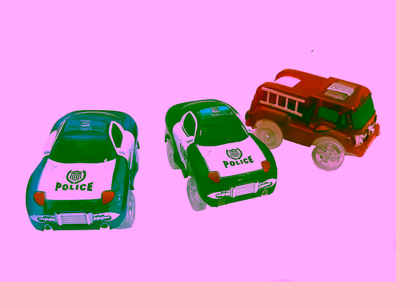 3pc Magic Emergency Vehicles - 2 Police Pursuit Race Cars & Fire Truck w/ 5 LEDS - Vehicles For Twister Flexible Glow In the Dark Race Car Track Sets