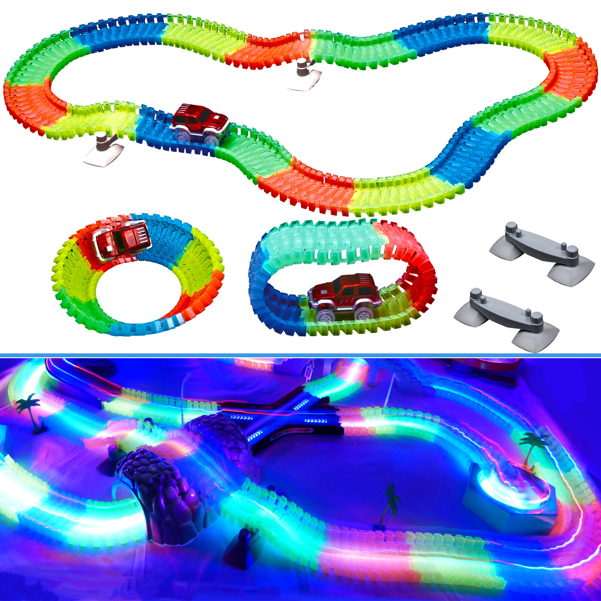 Magic Light Up Glow In the Dark Race Track Set - Snap-Together Neon Twisting Flexible Raceways Tracks - For Kids and Creative STEM Play - LED Car 162pc Deluxe Set