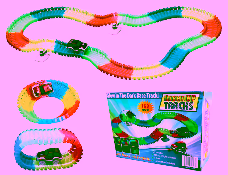 Magic Light Up Glow In the Dark Race Track Set - Snap-Together Neon Twisting Flexible Raceways Tracks - For Kids and Creative STEM Play - LED Car 162pc Deluxe Set