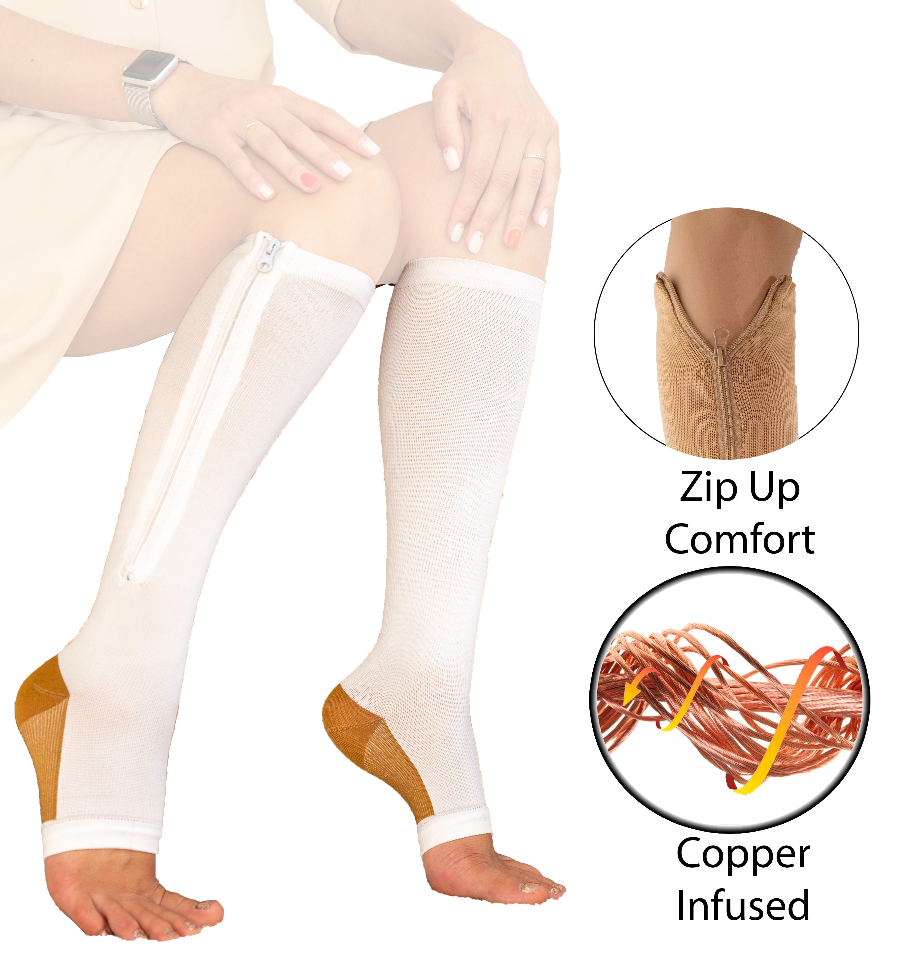 Copper Energy Infused Zipper Compression Socks - Zip Up Circulation Pressure Stockings - 1 Pair - White 2X-Large +$2.95