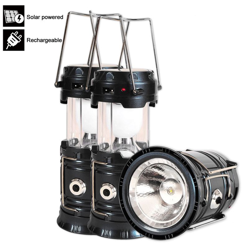 2 Solar Rechargeable Tactical 3-in-1 Bright Collapsible LED Lantern, Flashlight, And USB Charging Station