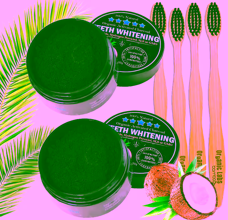 2 Charcoal Teeth Whitening Powder, Natural Activated Charcoal Coconut Shells + 4 Bamboo Toothbrushes - Safe Effective Tooth Whitener Solution