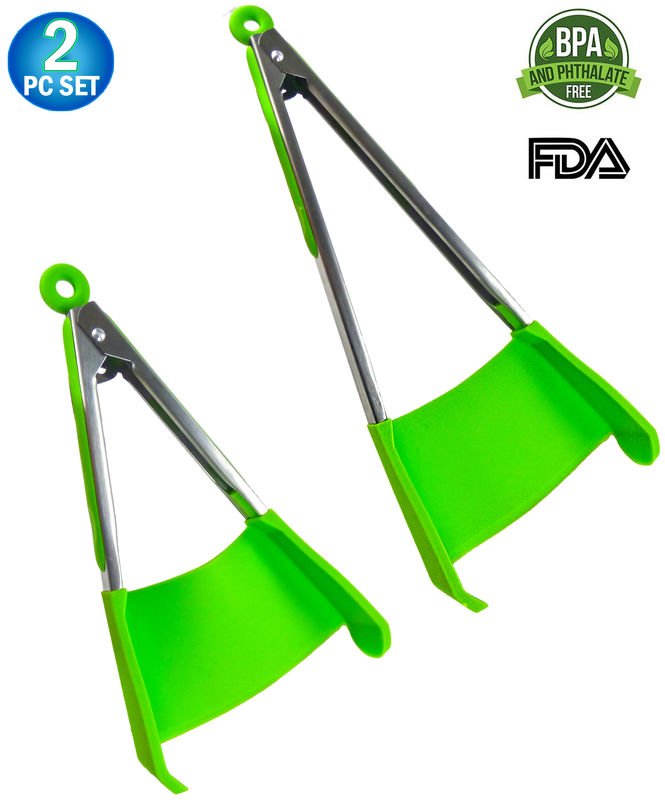 2-in-1 Non-stick Heat Resistant Spatula Tongs with Locking Clip, Kitchen Tool Helper Dishwasher Safe BPA Free - 2PC Set