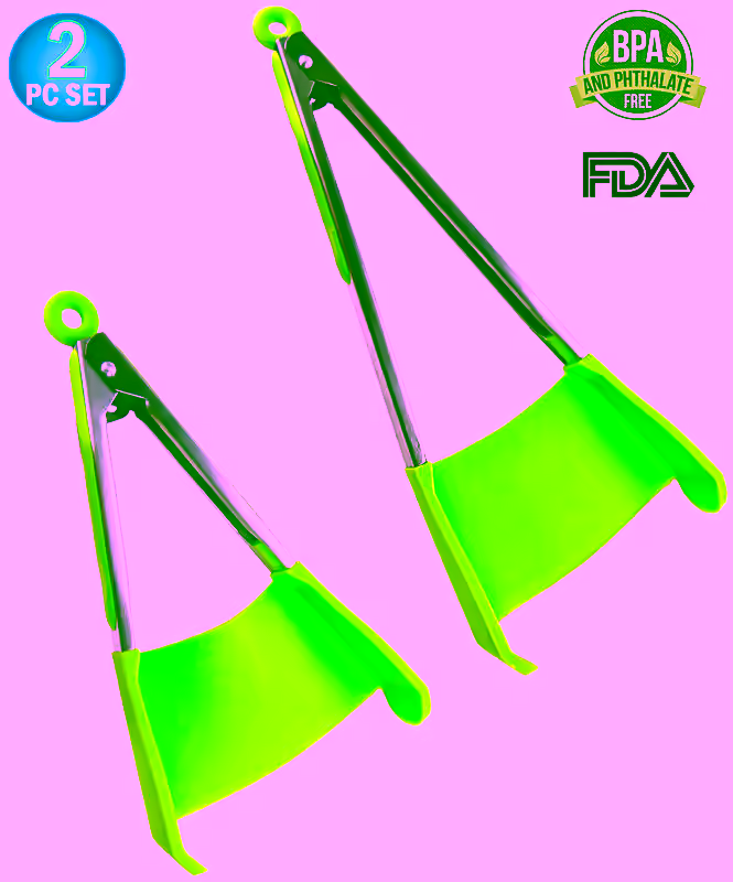 2-in-1 Non-stick Heat Resistant Spatula Tongs with Locking Clip, Kitchen Tool Helper Dishwasher Safe BPA Free - 2PC Set