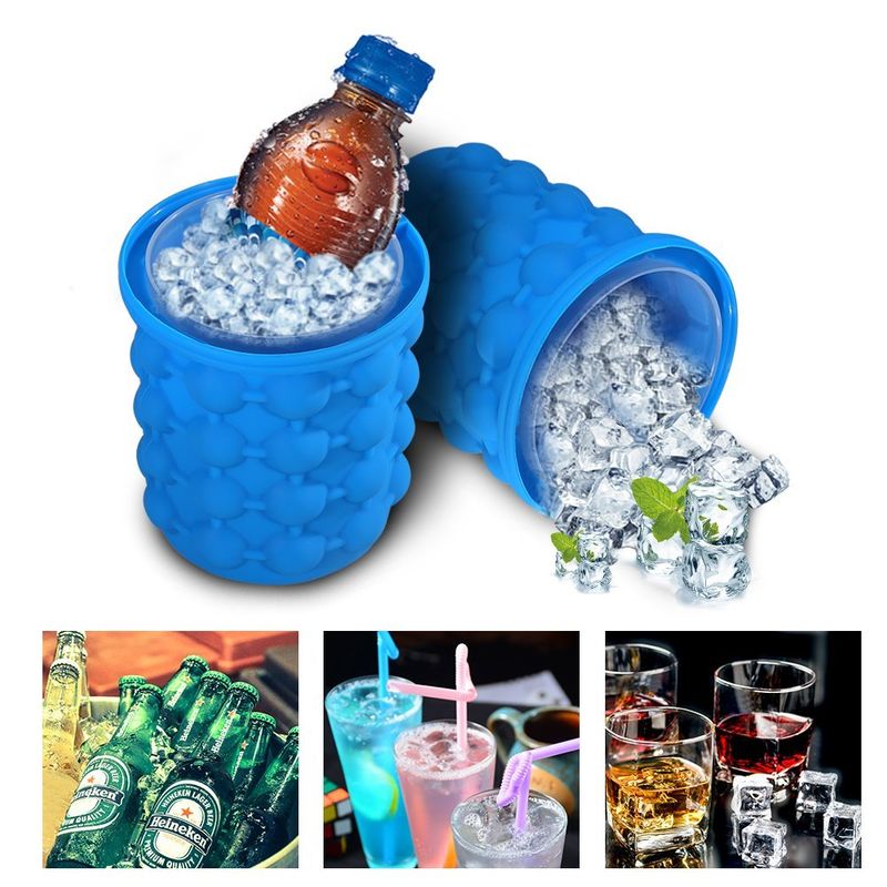ICE Cube Maker Genie - 3 In 1 -  Space Saving Silicone Ice Cube Maker, Ice Bucket & Beverage Holder - Hold Up To 120 ice cubes - Regular (4.1x4.3")