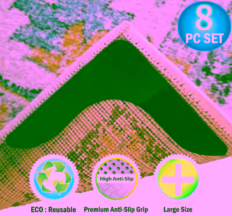 NEW - Reusable V Shaped Corner Area Carpet Rug Grippers - Reusable Rubber Anti Curling Non Slip Skid Pads - 8pc Set