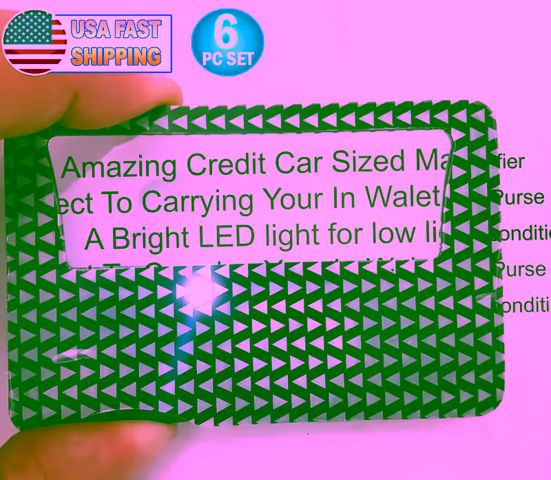6 Credit Card Sized Illuminated 3x Reading Magnifier Lens - Wallet Sized Reader
