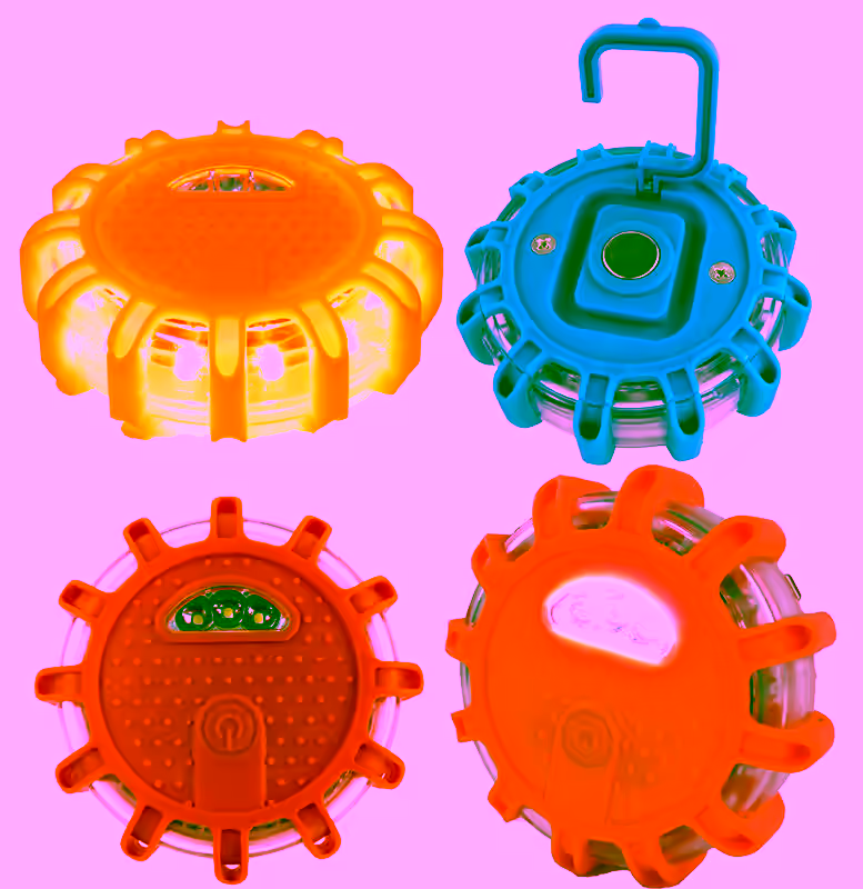 LED Safety Road Side Emergency Flares - 9 Light Modes, Flashlight, Magnetic Base + Safety Hook - Warning Disc Light Beacon (4 Pack)