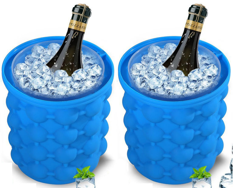 2 ICE Cube Maker Genie - 3 In 1 -  Space Saving Silicone Ice Cube Maker, Ice Bucket & Beverage Holder - Hold Up To 120 ice cubes - Large