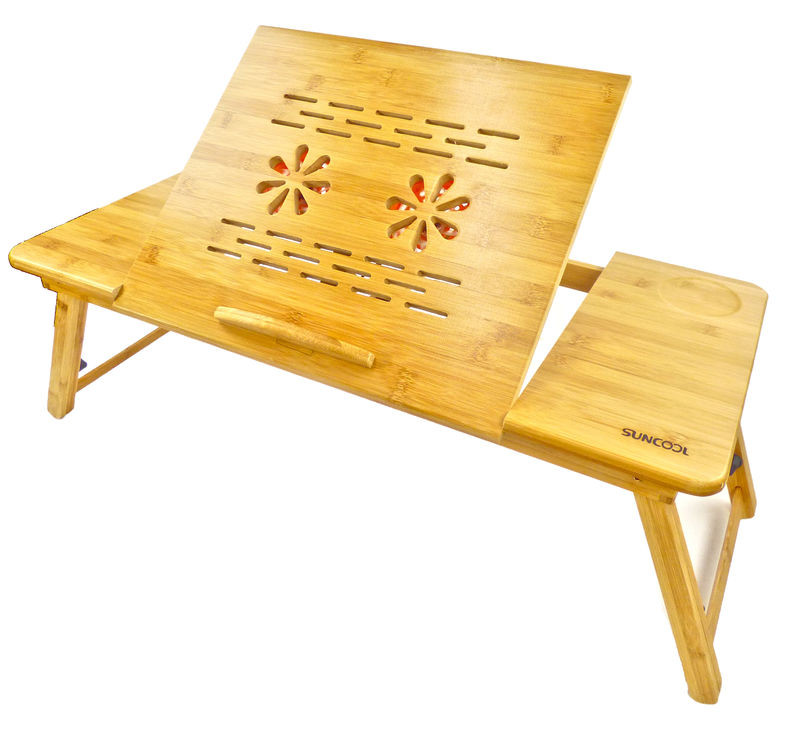 X-Large Bamboo Laptop Table Tray Desk - Height Adjustable, Foldable, 8 Tilting Angle's, Cup Holder, Drawer, with USB Cooling Fan - Perfect Breakfast Serving Bed Tray