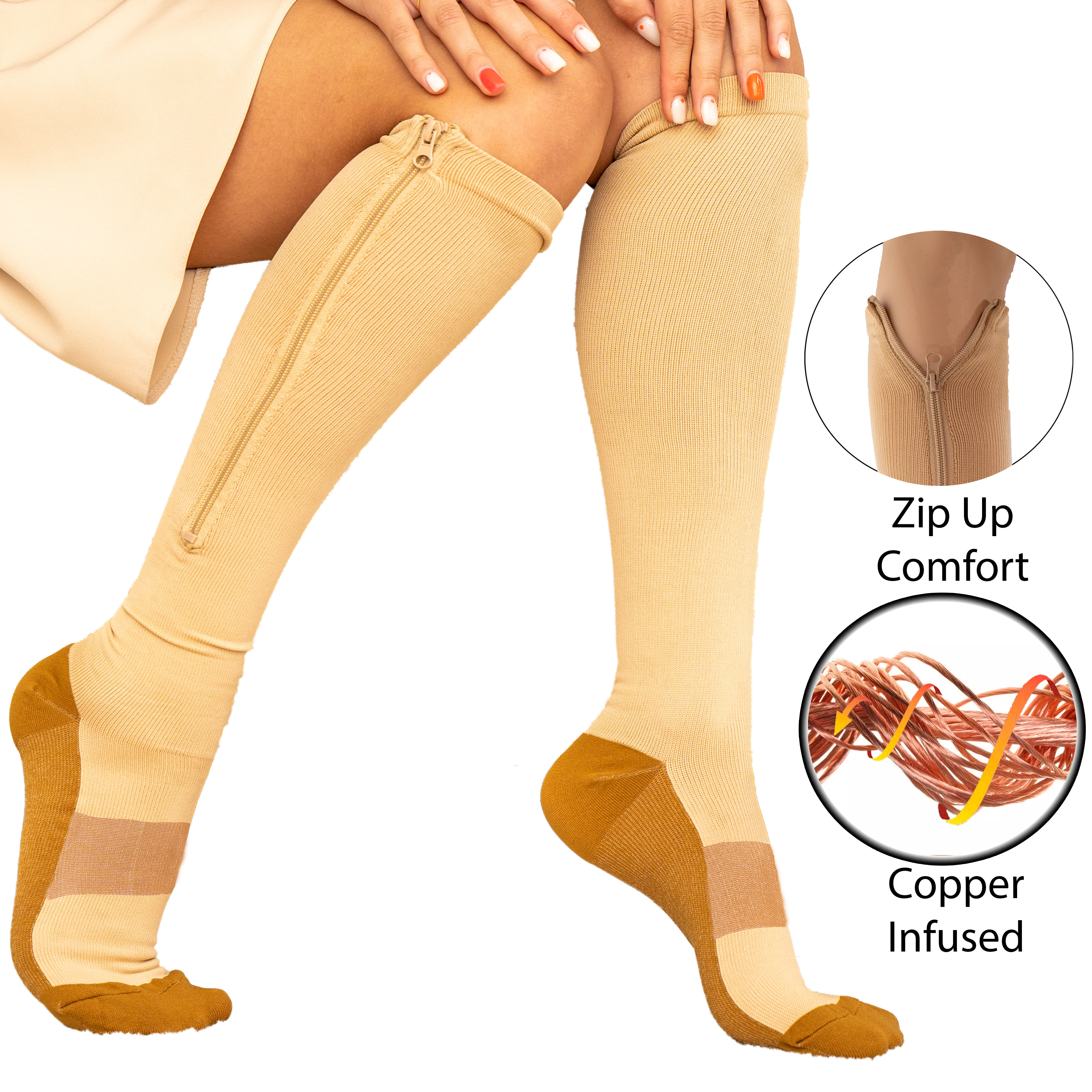 Copper Energy Infused Zipper Compression Closed Toe Socks - Zip Up Circulation Pressure Stockings - Nude X-Large