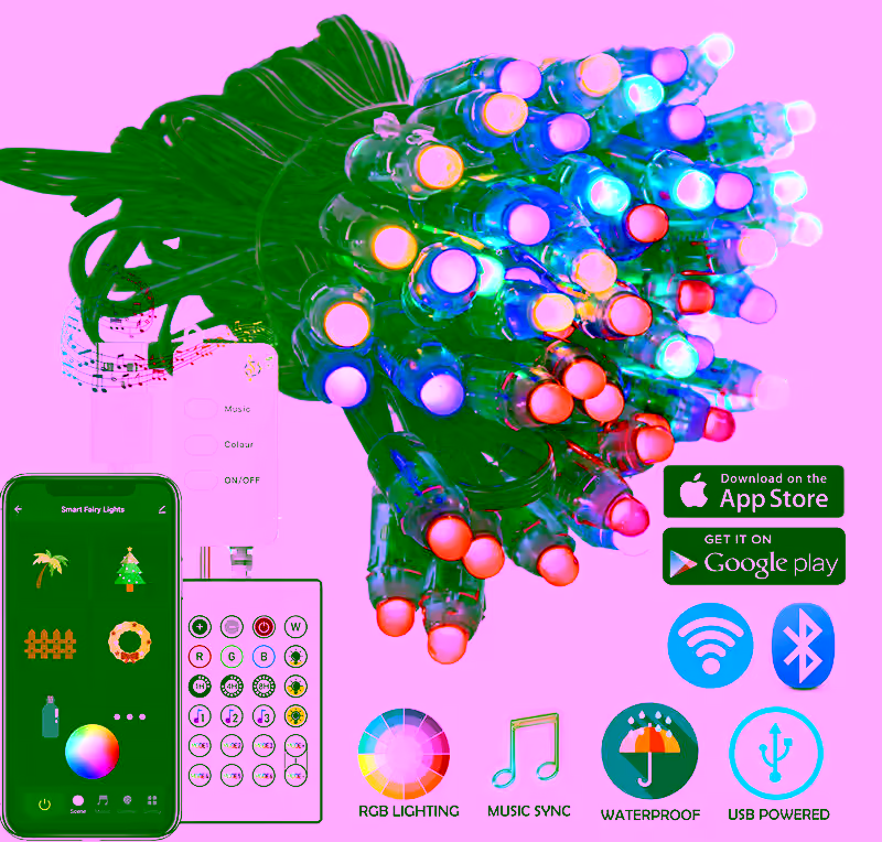 Smart App Christmas Tree RGB LED Color Changing Lights - App Controlled, WiFi, Bluetooth, Remote, Music Sync - Indoor Outdoor Multicolor Twinkly String Lights
