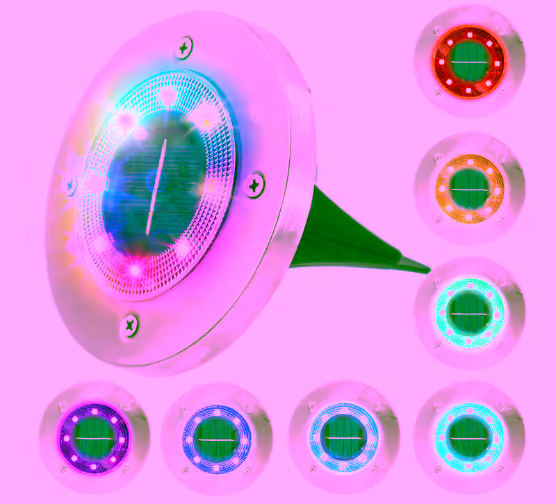 Solar Powered Color LED Outdoor Disc Lights - 8 LED Colorize Changing RGB Ground Pathway Landscape Garden Round Circular Disk Lights - Weatherproof Auto On off - 4pc Set