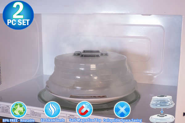 2 Microwave Collapsible Hover Anti Splattering Magnetic Food Cover - Microwave Splatter Lid with Steam Vents