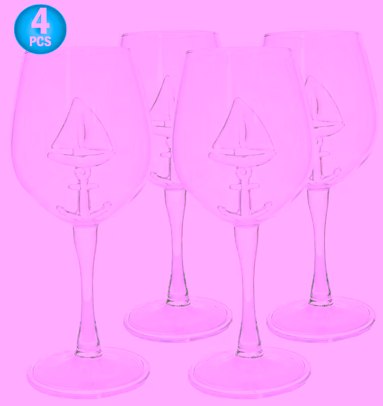 Sail Boat Wine Glass 3D Nautical Sailor Sailboat w/ Anchor Inside Glass - Unique Creative Crystal Goblet Flute Glassware - Sea Wine Glass -  4pc