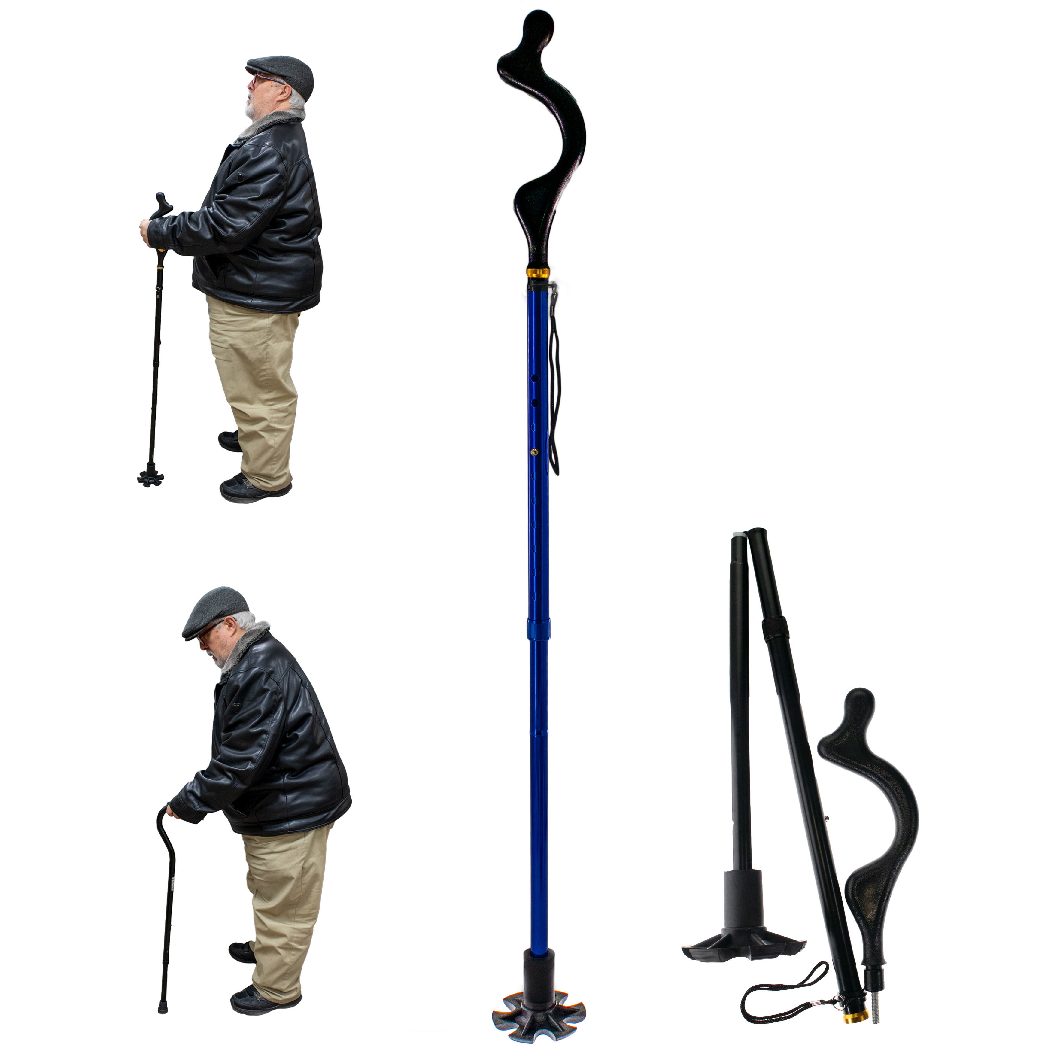 Posture Correction Walking Cane - Walking Stick For Upright Walking & Balance For Seniors - Lightweight, 10 Adjustable Heights, Ergonomic Comfort Grip, Portable, Folding, Self-Standing Mobility Aid For Stability Support - Blue
