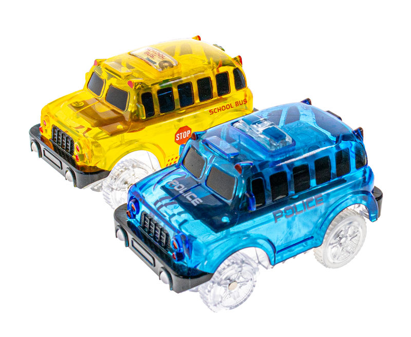 2 Magic Twister Flexible Glow In the Dark Race Car Track Vehicles - UK English School Bus & Police Truck
