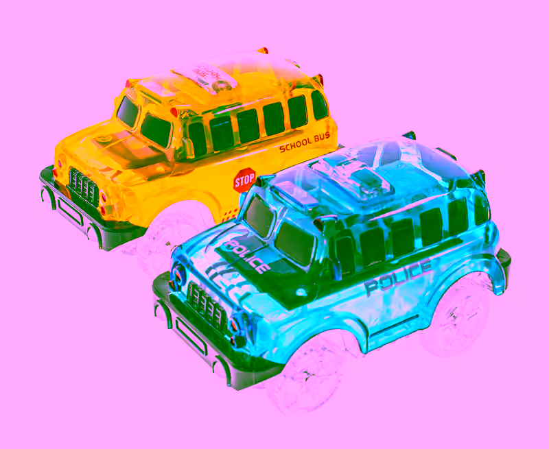 2 Magic Twister Flexible Glow In the Dark Race Car Track Vehicles - UK English School Bus & Police Truck