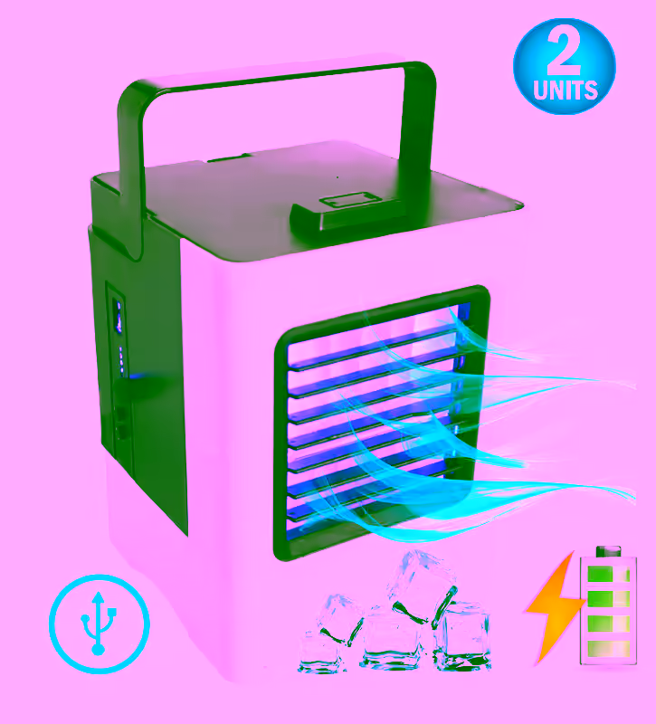 2 Premium Polar Personal Space Evaporative Air Conditioner Cooler - Portable Battery Powered, Power Bank - Charges Cell Phones,  Humidifier & Fan (5-1) - For Bedroom, Desktop & Office - Movable Vents