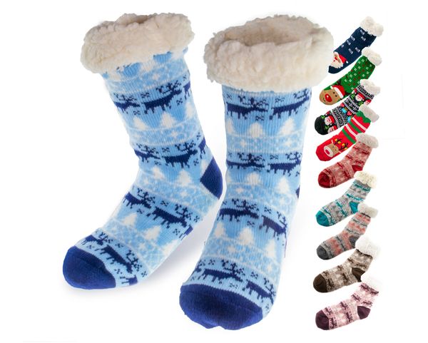 Women's Thermal Sherpa Lined Slipper Socks – Plush Fleece, Warm & Toasty Footwear for Cold Winter Weather – Non-Skid Gripper Bottom, Perfect for Cozy Indoor Nights & Christmas Holidays - Blue - Santa