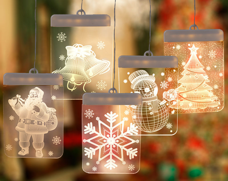 3pc 3D Hanging LED Christmas Window Curtain Lights - Indoor Holiday Decoration Lights - Christmas Santa, Snowflake, Jingle Bell, Snowman & Christmas Tree for Bedroom, Window, Wedding - Warm White