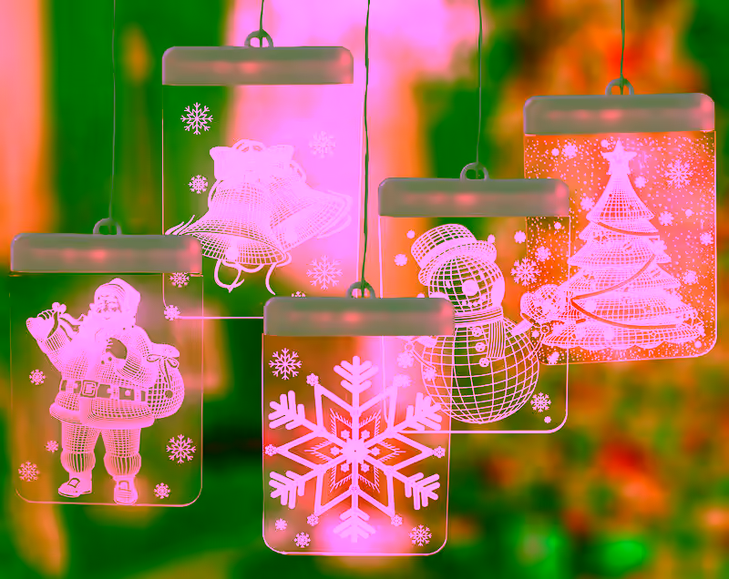 3pc 3D Hanging LED Christmas Window Curtain Lights - Indoor Holiday Decoration Lights - Christmas Santa, Snowflake, Jingle Bell, Snowman & Christmas Tree for Bedroom, Window, Wedding - Warm White