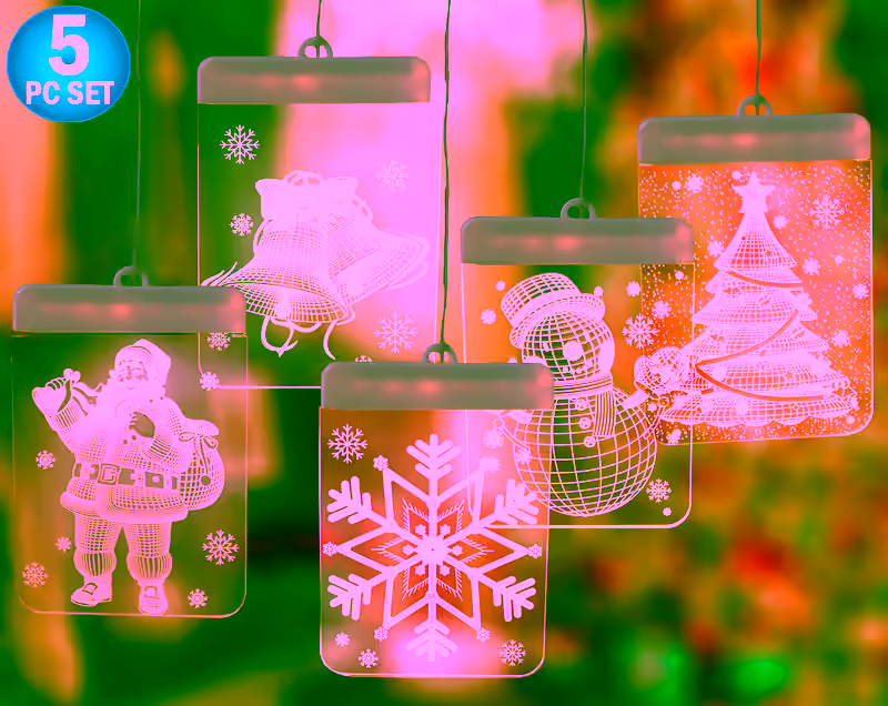 5pc - 3D Hanging LED Christmas Window Curtain Lights - Indoor Holiday Decoration Lights - Christmas Santa, Snowflake, Jingle Bell, Snowman & Christmas Tree for Bedroom, Window, Wedding - Warm White