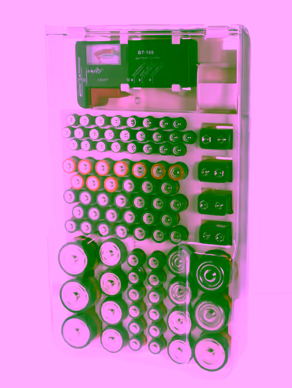 Battery Storage Holder Organizer Caddy Case w/ Removable Battery Tester Checker - Compartments Holds 93 Batteries -  AA AAA C D 9 Volt & Cell Batteries -- Wall Mount