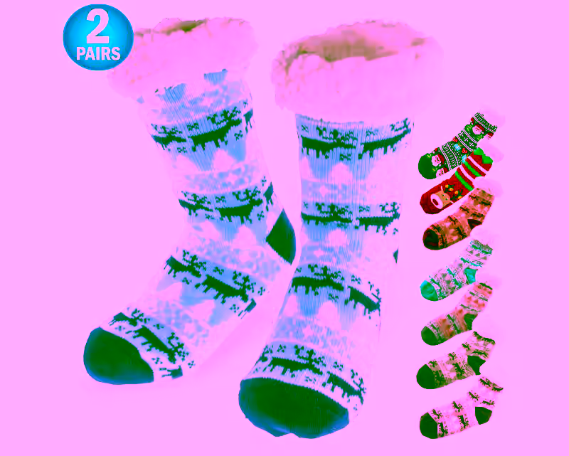 2 - Christmas Fuzzy Sherpa Slipper Socks Lined With Warm Thick Fur Fleece - Thermal w/ Nonslip Grippers - Holiday Christmas Stockings - Ultra Soft Plush Slipper Socks - Blue - Santa