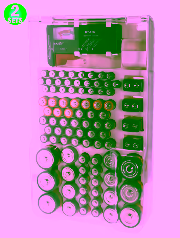 2 Battery Organizer Storage Case Holder Caddy -  Holds 93 Batteries Various Sizes W/ Removable Battery Tester - Wall Mount