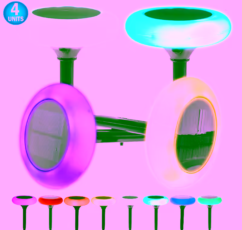 Solar Powered RGB Color Circular Disc LED Pathway Lights - Color Changing Disk Ground Lights  - 8 Color Changes Outdoor/Indoor Waterproof Garden Landscape Pathway Spike Yard Lights - 4 Pack