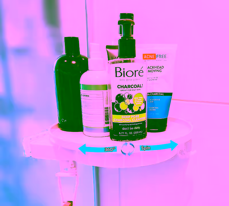 Corner Rotating Shower Kitchen Shelf - Tension Suction Cup Storage Organizer Corner Wedge - w/ Drainage Holes & Hanging Hooks