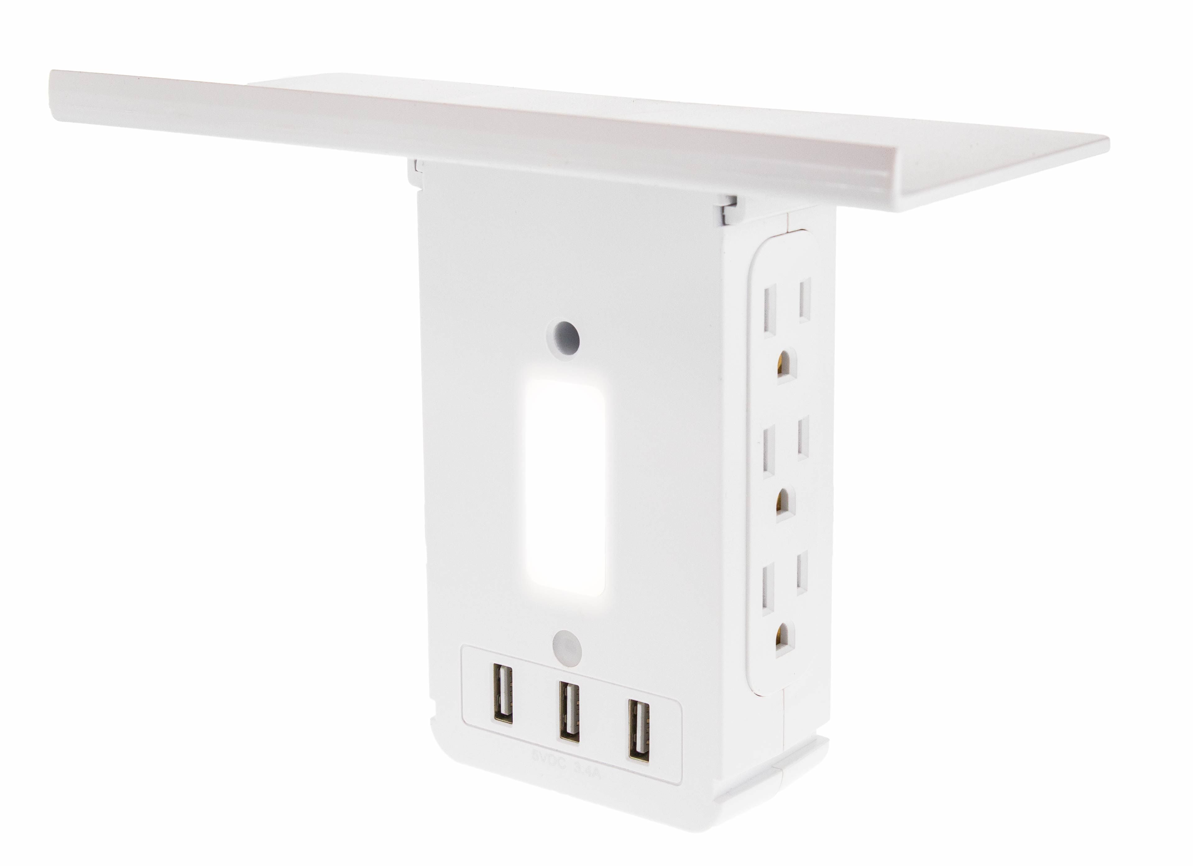 Wall Outlet Charging Tower Station Shelf - Surge Protector LED Night Light, 6 3 Prong Outlets + 3 Fast Charging USB - Electrical Socket Power Stand Holder - Space Saving