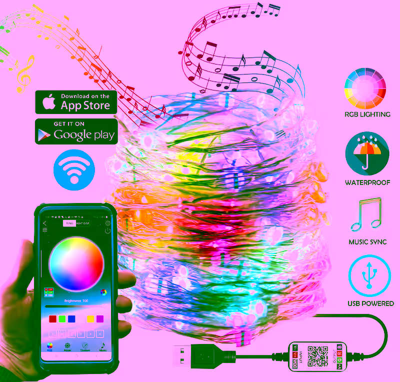 100 LED Fairy String Bluetooth RGB Lights  Indoor/Outdoor Waterproof USB Multi Color Changing Flexible Copper Wire Lights w/ Sync Music & Dynamic Modes - 33 Feet In Length