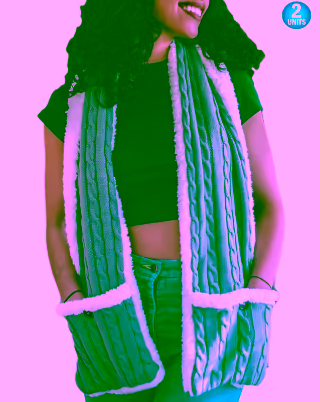 2 Cozy Sherpa Pocket Scarf Wrap Shawl Blanket - Reversible  - Cable Knit Fleece With Inner Lined Sherpa