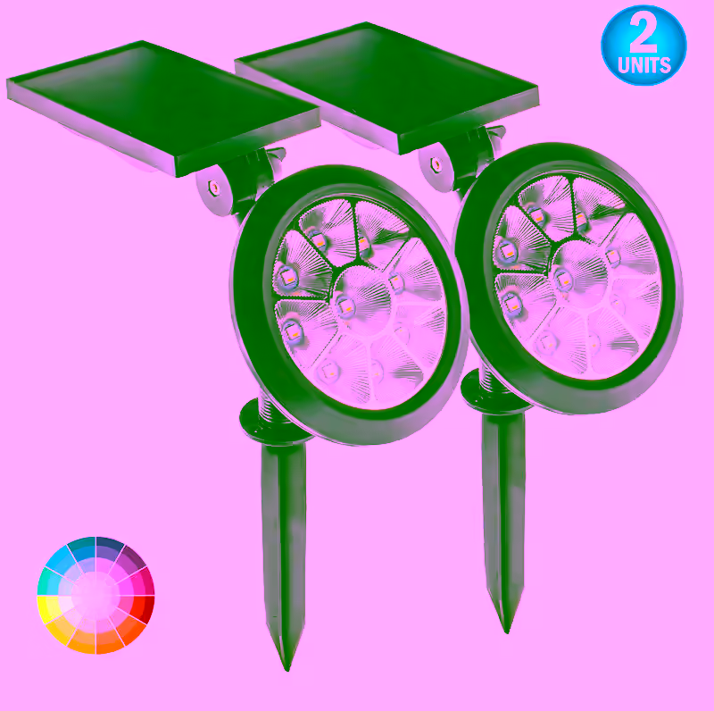 2 Solar Powered RGB Color Spotlight LED Lights - Color Changing Ground Lights  - 7 Color Changes Outdoor/Indoor Waterproof Garden Landscape Yard Lights
