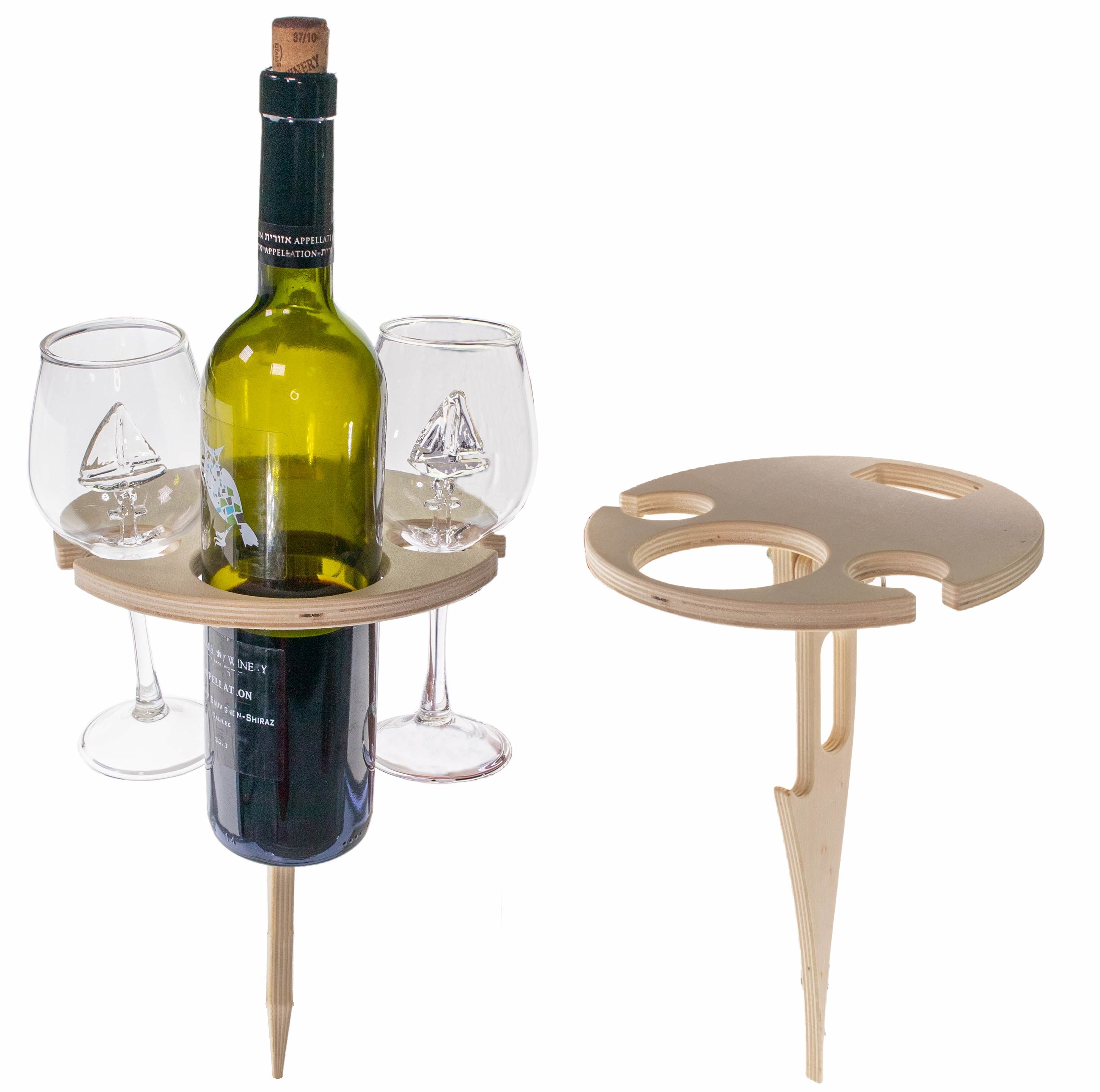 Portable Outdoor Wine Glass Holder Table with Foldable Wooden Design, 2 Glasses and 1 Bottle, Ground Stake, Carry Handles, 12 in Top, Locking Pin
