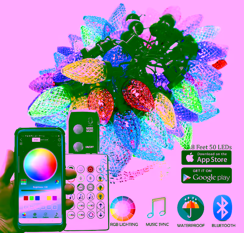 Smart App Strawberry Christmas Tree RGB LED Color Changing Lights - App Controlled, Bluetooth, Remote, Music Sync - Indoor Outdoor Multicolor Twinkly String Lights