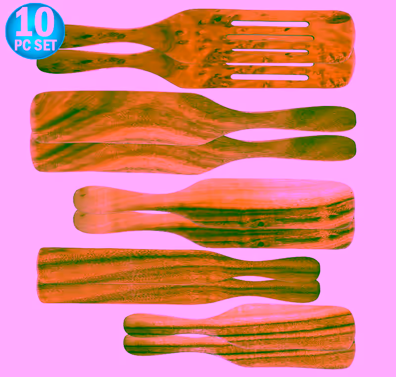 10pc Spurtle Spoon Spatula Cooking Utensil - Natural Teak Wood - Non Stick Wooden Cookware - Stir, Scrape, Flip, Drain, Fold & Smash. - 10Pc Set (Default) - Option 0